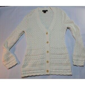 Eddie Bauer Cream 100% Cotton Knit L/S Cardigan Sweater Button Front Size TL